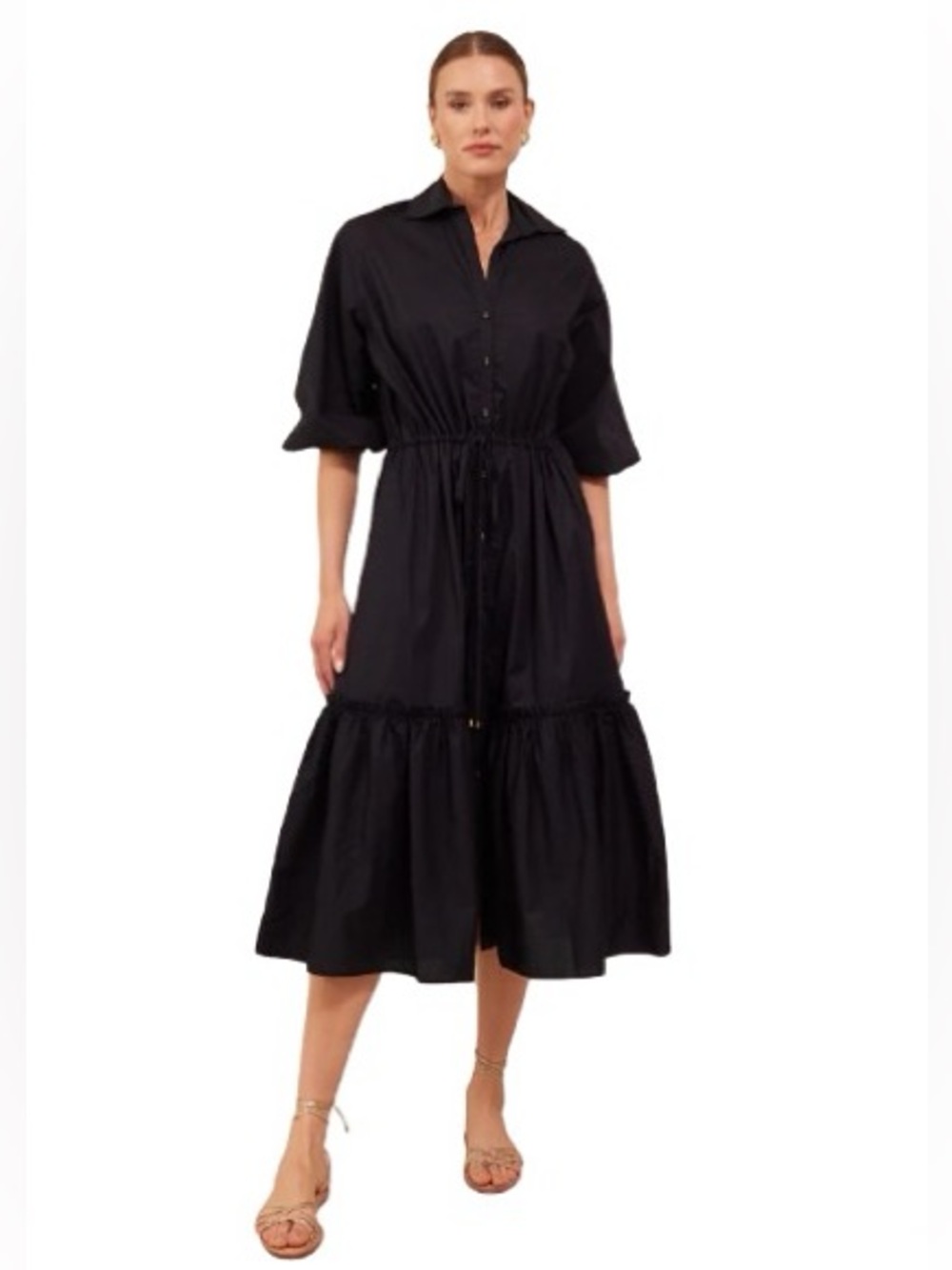 Cara Cara Hutton Black Button-Front Tiered Midi Dress